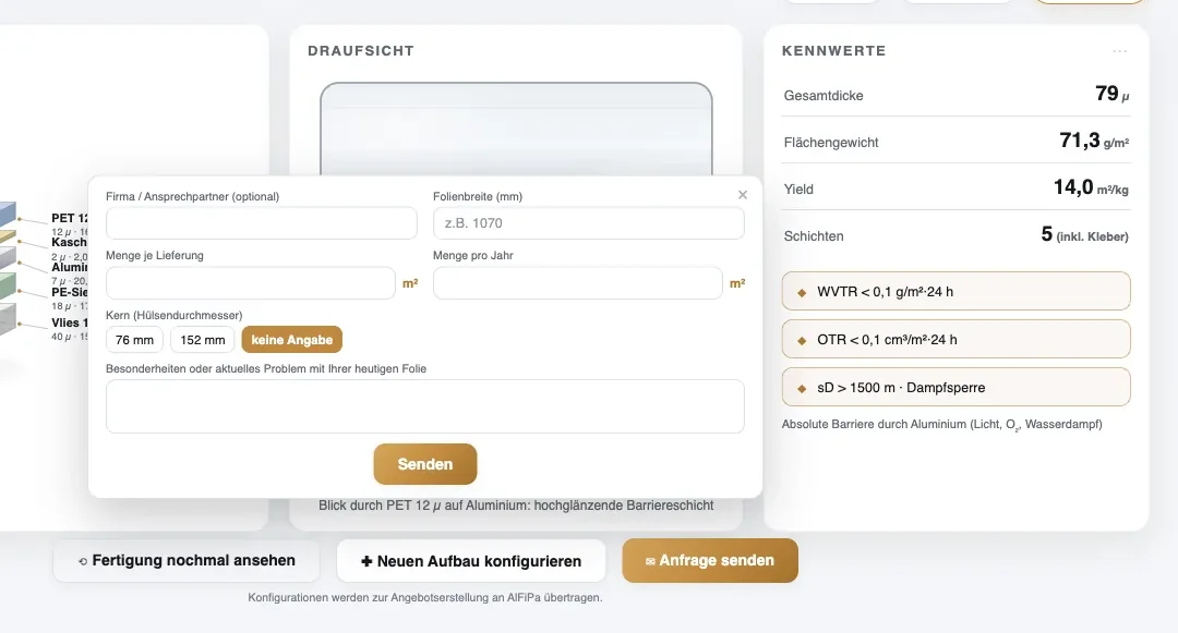 Folien-Konfigurator von AlFiPa: fertiger Folienaufbau mit Kennwerten und geöffnetem Formular Anfrage senden mit Folienbreite, Mengen, Kern und Notiz