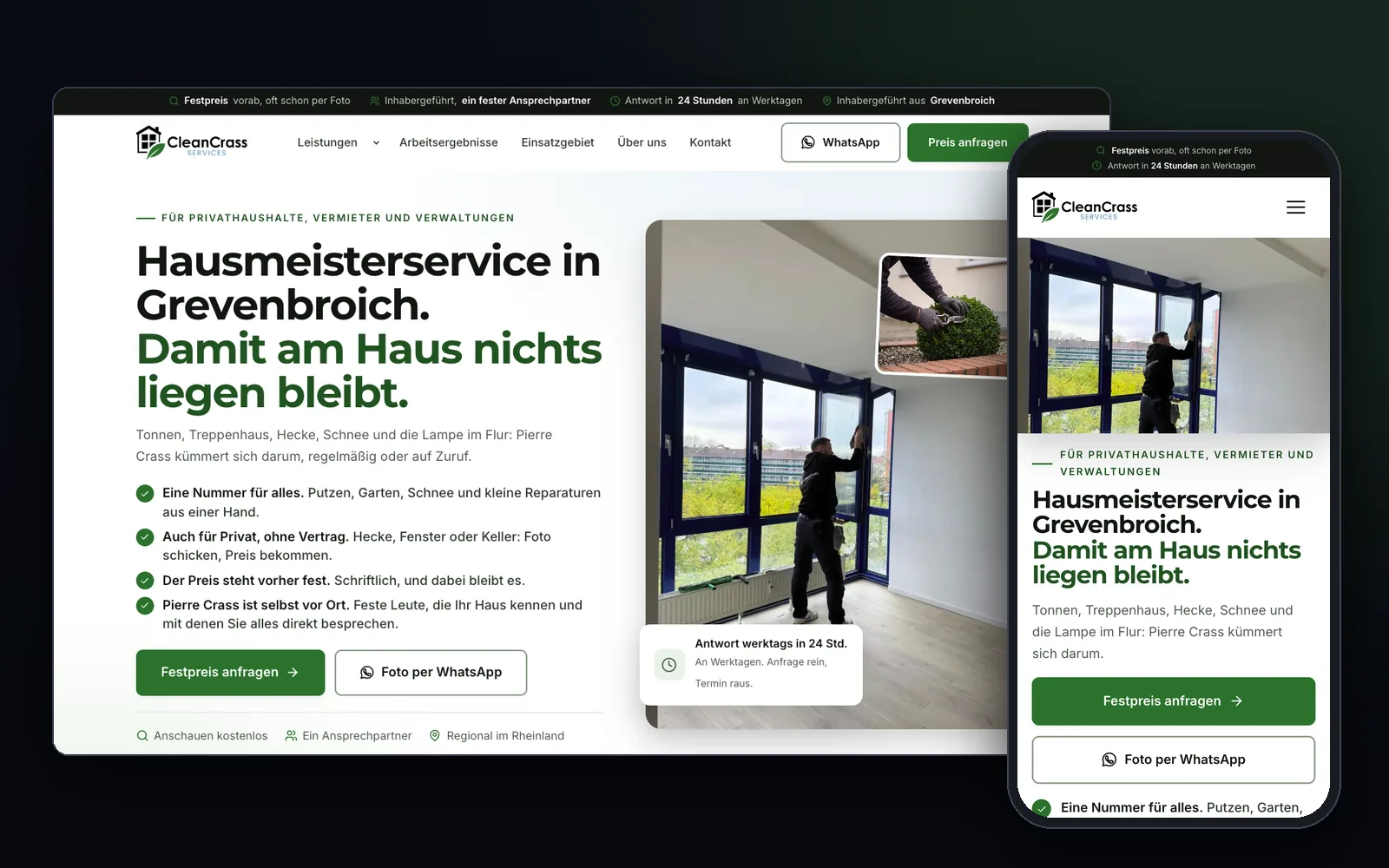 Website von CleanCrass Services: Startseite Hausmeisterservice in Grevenbroich am Desktop und am Handy