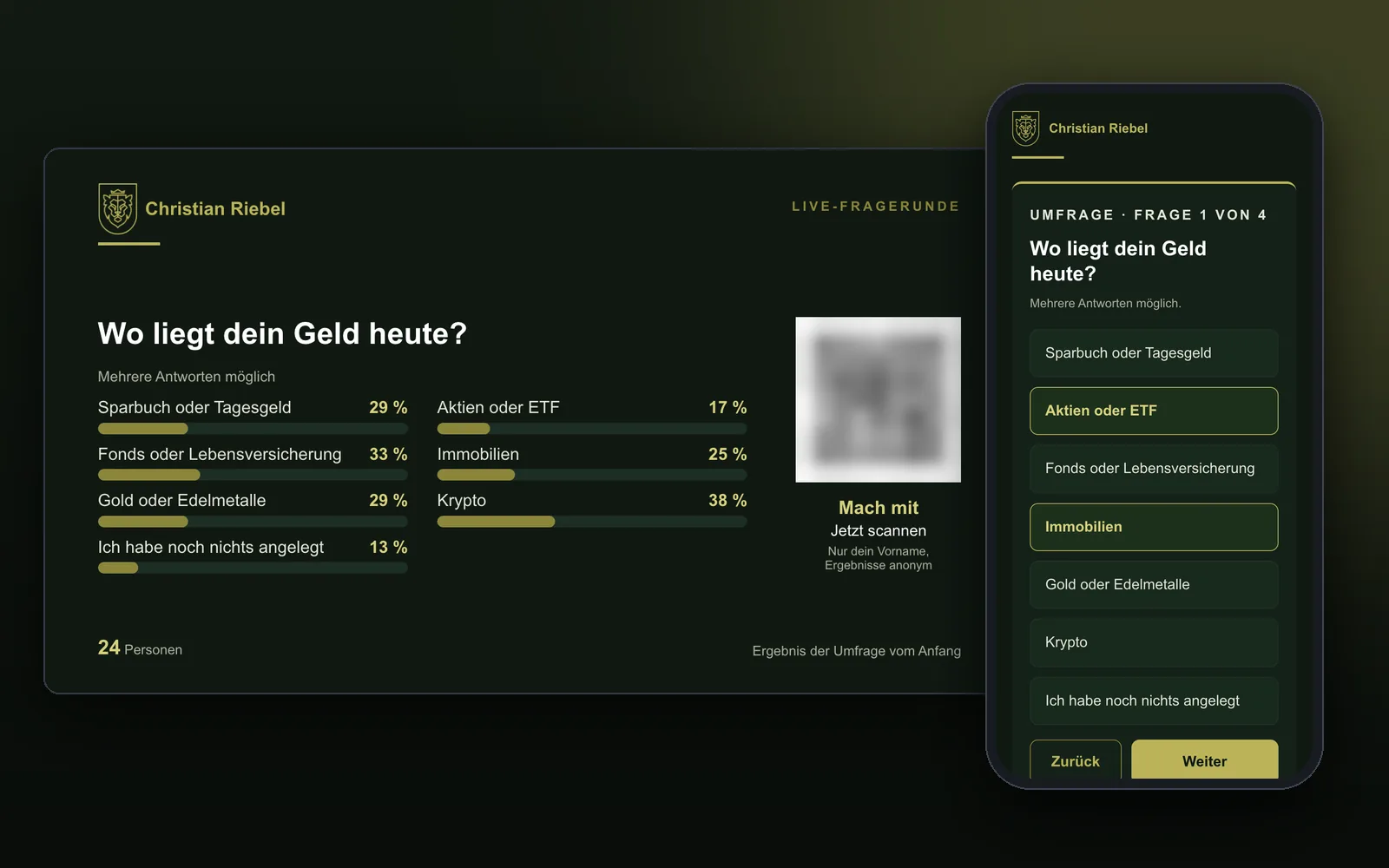 Riebel Live: Leinwand mit Live-Ergebnisbalken einer Umfrage und Handy-Ansicht mit derselben Frage, mit Beispieldaten